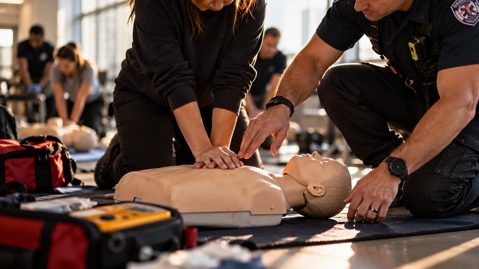 Illustrative close-up of hands practicing chest compressions on a training manikin