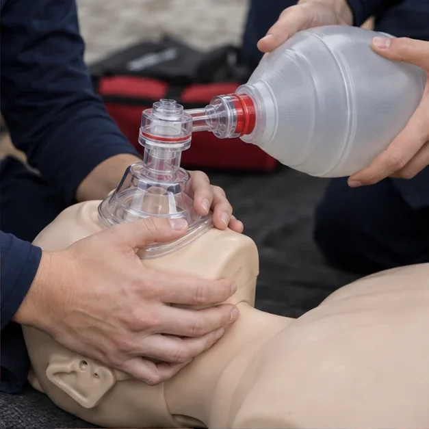Illustrative close-up of a bag-valve mask being used on a training manikin