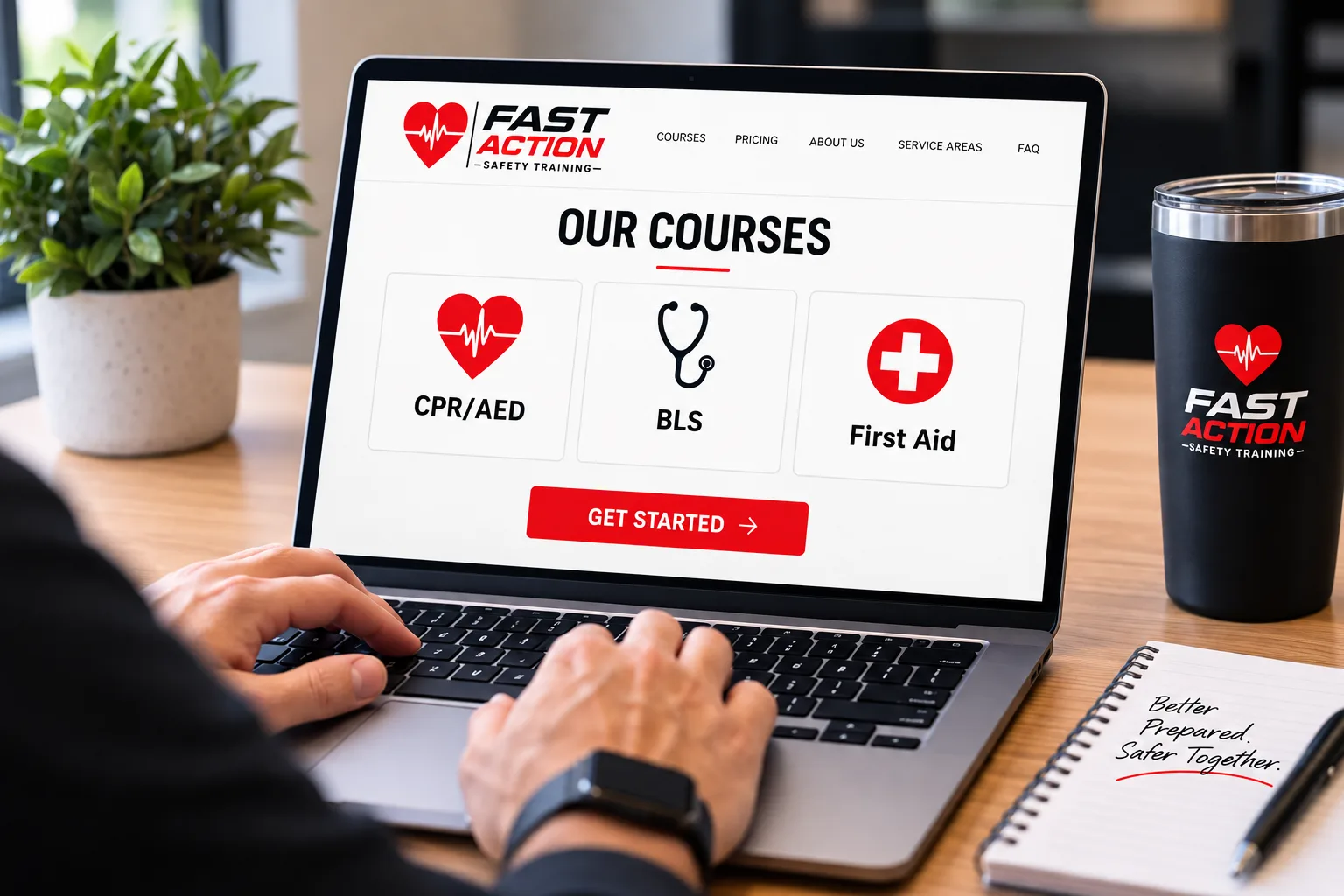 Illustrative laptop showing the Fast Action Safety Training website