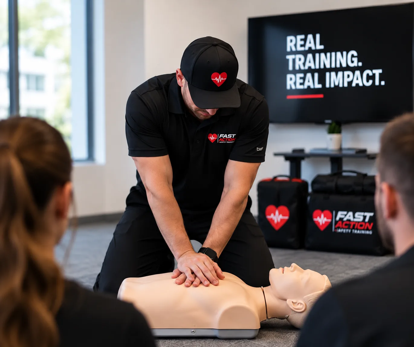 Illustrative instructor leading hands-on CPR training