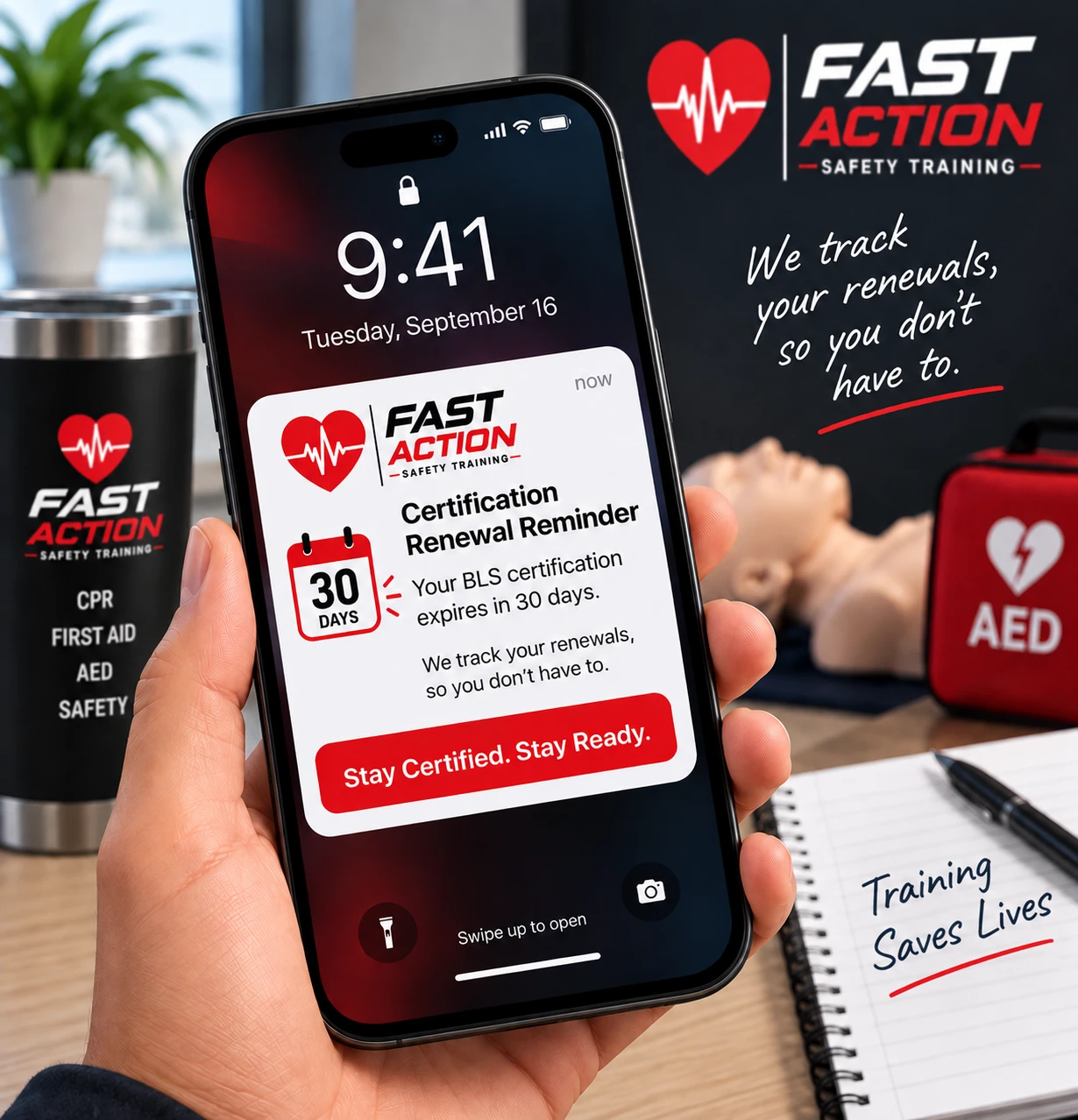 Illustrative mockup of a Fast Action certification renewal reminder notification on a phone lock screen