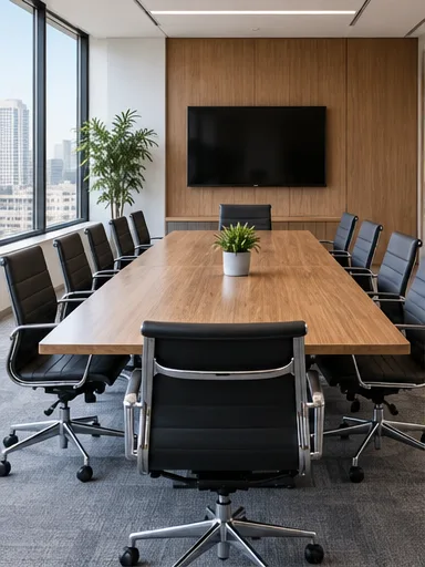Illustrative corporate conference room with a long table and office chairs