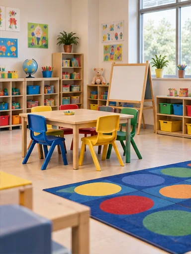 Illustrative daycare classroom with small tables, chairs, and shelves