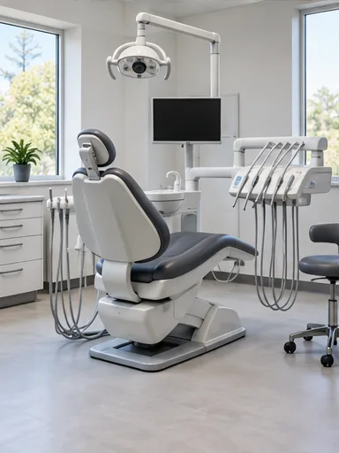 Illustrative dental treatment room with a chair and overhead light