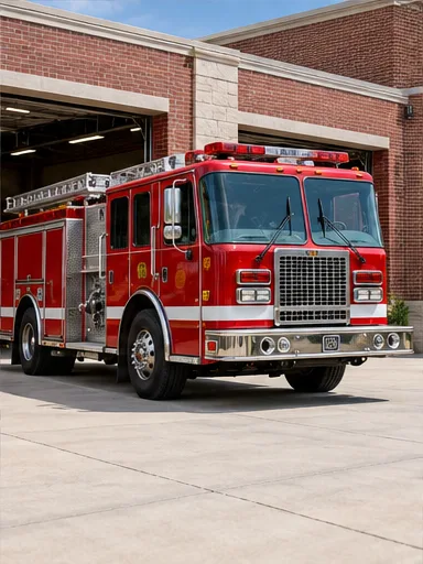 Illustrative fire engine parked outside a brick fire station
