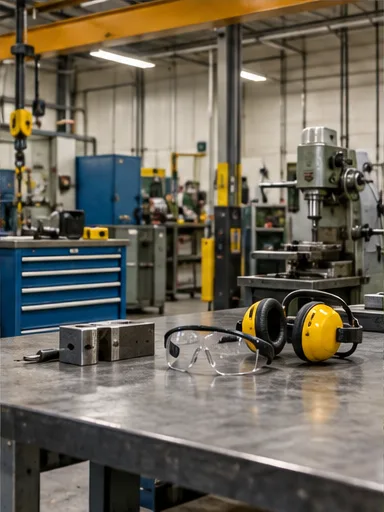 Illustrative workshop with machinery, a workbench, safety glasses, and ear protection