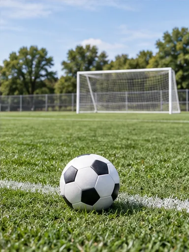 Illustrative soccer ball on a field in front of a goal